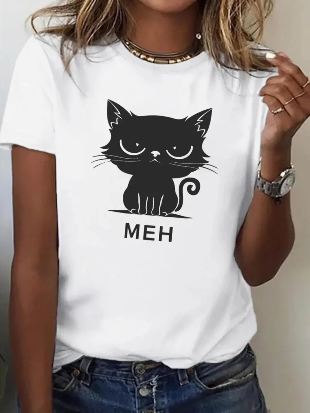 White Cat 'MEH' Graphic Tee and phone holder